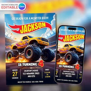 Faire-part d'anniversaire Monster Truck chaud modifiable, invitation d'anniversaire de Monster Truck roues, invitation de fête de voitures Monster Truck, modèle Canva 5 x 7 po