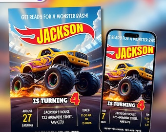 Hot Monster Truck Birthday Invitation: Wheels Party, Editable Canva Template (5x7in)