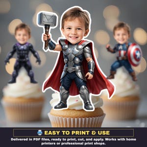 May include: Cupcake toppers featuring a child dressed as Thor, Captain America, and Black Panther. The Thor topper holds a hammer and wears a red cape. The toppers sit atop cupcakes with white frosting. The image includes the text "EASY TO PRINT & USE".