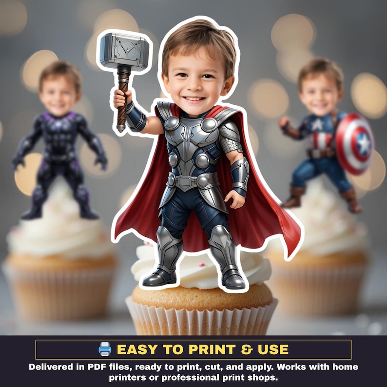 May include: Cupcake toppers featuring a child dressed as Thor, Captain America, and Black Panther. The Thor topper holds a hammer and wears a red cape. The toppers sit atop cupcakes with white frosting. The image includes the text "EASY TO PRINT & USE".
