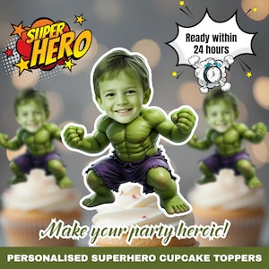 Personliga Hulk-ansikte-muffinsdekorationer: Hjältetemafest (digital nedladdning)