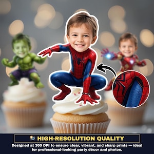 May include: A cupcake with white frosting topped with a cutout of a child dressed as Spider-Man. The child is wearing a red and blue Spider-Man costume. The image also shows cutouts of the Hulk and Iron Man. The text reads "HIGH-RESOLUTION QUALITY".