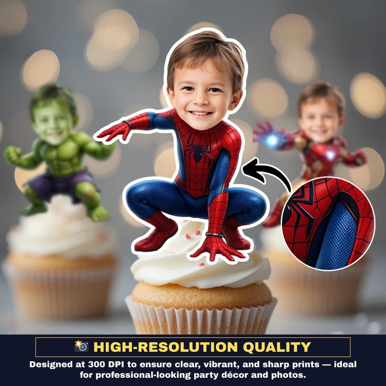 May include: A cupcake with white frosting topped with a cutout of a child dressed as Spider-Man. The child is wearing a red and blue Spider-Man costume. The image also shows cutouts of the Hulk and Iron Man. The text reads "HIGH-RESOLUTION QUALITY".