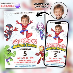 May include: A birthday party invitation featuring the text "Jackson Amazing Friends is turning 5." The invitation includes illustrations of superheroes and a photo of a child. The invitation is also displayed on a smartphone.