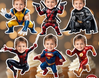 Personalized Superhero Face Cupcake Toppers (Type 2) : Birthday Party Decoration (Digital Download)