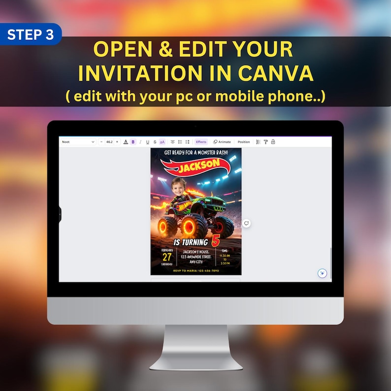 May include: A computer screen displays a birthday invitation with a monster truck theme. The invitation features a child's photo, the name "Jackson", and the text "IS TURNING 5". The screen also shows the Canva editing interface. The text "OPEN & EDIT YOUR INVITATION IN CANVA" is at the top.