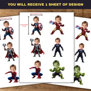 May include: A sheet of design featuring cartoon images of a child dressed as various superheroes, including Captain America, Iron Man, Thor, Black Panther, Spider-Man, and the Hulk. The sheet is approximately 2 inches wide and 3 inches tall.