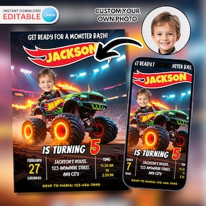 May include: Digital birthday party invitation with a monster truck theme. The design includes a child's photo, a green and black monster truck, and the text "Get Ready for a Monster Bash!" and "Jackson is turning 5".