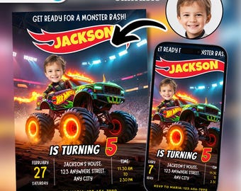 Personalized Face Hot Toro Monster Truck, Wheels Birthday Invitation (Digital Download)
