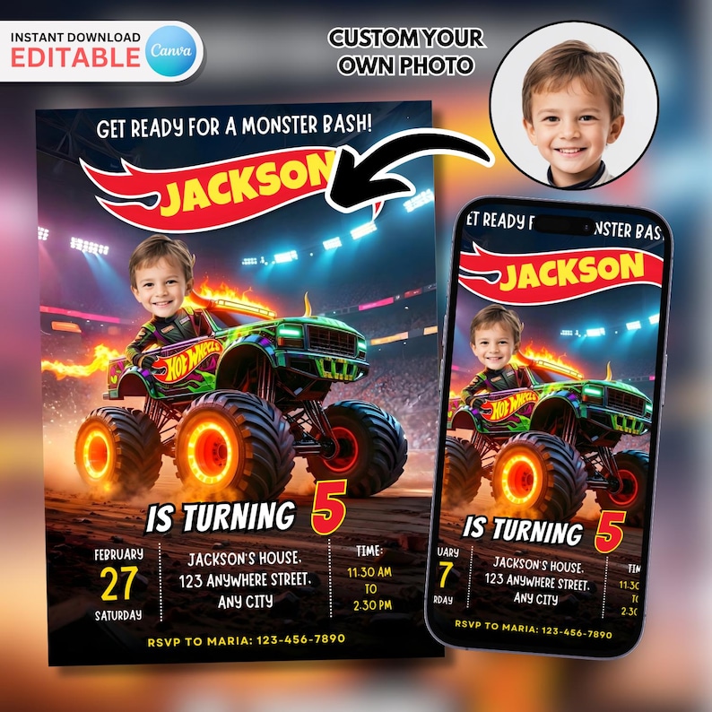May include: A digital invitation for a monster truck-themed birthday party. The design features a child's photo, a green and black monster truck, and the text "Get Ready for a Monster Bash!" and "Jackson is turning 5".