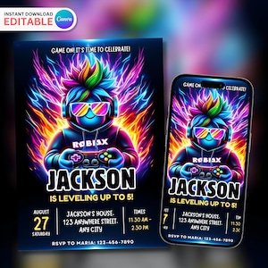 Op de afbeelding: Een neonkleurige uitnodiging voor een verjaardagsfeest met een Roblox-personage dat een videogamecontroller vasthoudt. De uitnodiging luidt "Game On! It's Time to Celebrate!" en "Jackson is Leveling Up to 5!" met de datum, tijd en locatie van het feest.