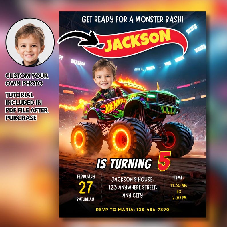 Personalized Face Hot Toro Monster Truck, Wheels Birthday Invitation (Digital Download) image 2