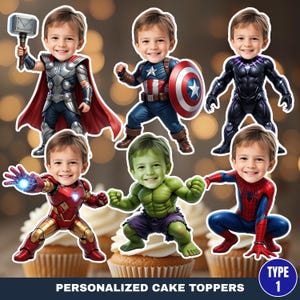 Adornos personalizados para cupcakes con cara de superhéroe (tipo 1): Decoración para fiesta de cumpleaños (descarga digital)