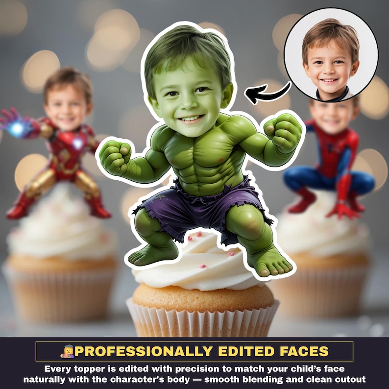 May include: Customized cupcake toppers featuring a child's face superimposed on superhero characters like Hulk, Iron Man, and Spider-Man. The toppers are placed on cupcakes with white frosting. The image includes the text "PROFESSIONALLY EDITED FACES".