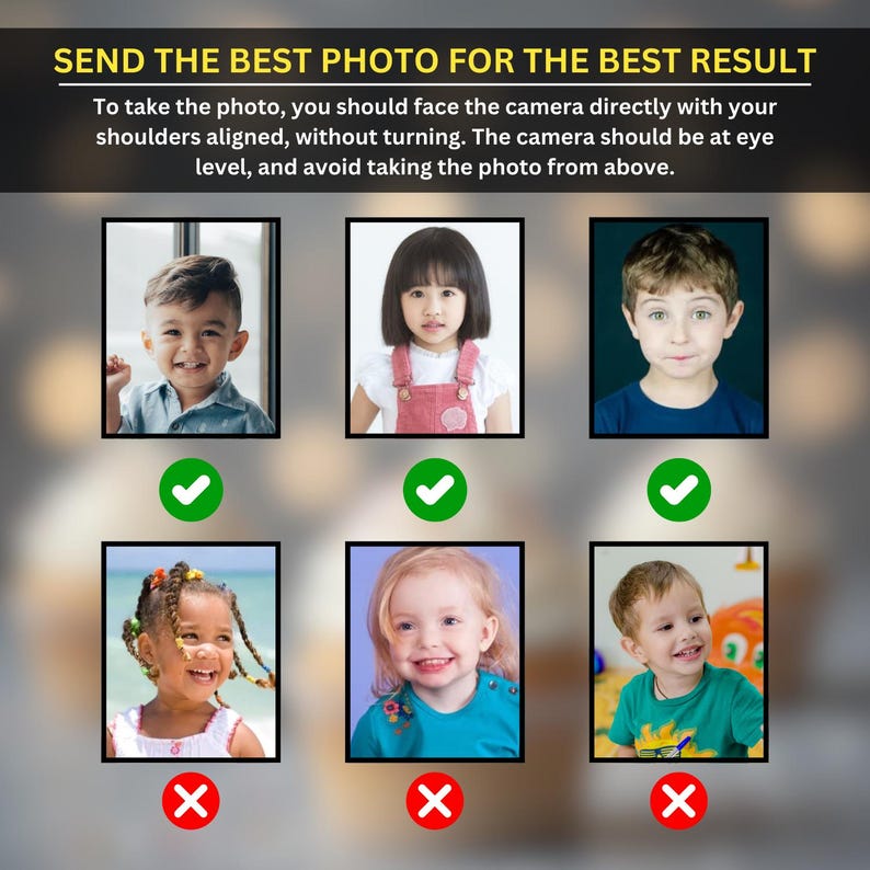 May include: Image with text: "SEND THE BEST PHOTO FOR THE BEST RESULT". The text continues with instructions on how to take a photo. The image shows examples of photos with green check marks and red X marks, with children's faces in the photos.