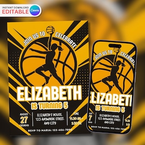 Editable Yellow Basketball Invitation, Basketball Birthday Invitation, Girls Basketball Invite, Basketball Theme Party, Instant Download