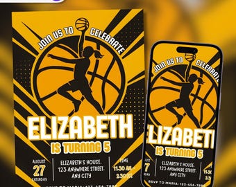 Invitación de cumpleaños editable de baloncesto amarillo (descarga digital)
