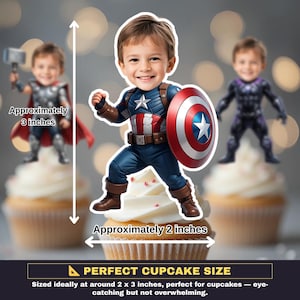 May include: Superhero-themed cupcake toppers featuring a child dressed as Captain America, Thor, and Black Panther. The Captain America topper includes a shield. The toppers are approximately 2 x 3 inches, perfect for cupcakes.
