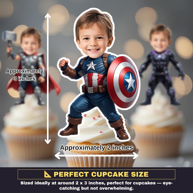 May include: Superhero-themed cupcake toppers featuring a child dressed as Captain America, Thor, and Black Panther. The Captain America topper includes a shield. The toppers are approximately 2 x 3 inches, perfect for cupcakes.