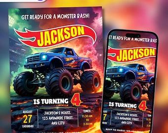 Hot Blue Monster Truck Birthday Invitation: Wheels Editable Canva Template (5x7in)