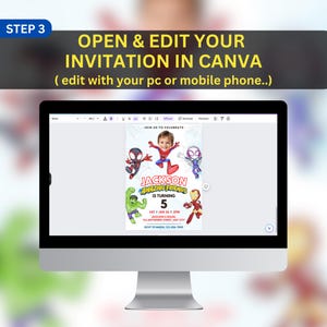 May include: A computer monitor displays a birthday invitation with superhero graphics. The invitation features the text "JACKSON AMAZING FRIENDS IS TURNING 5" and includes the phrase "OPEN & EDIT YOUR INVITATION IN CANVA".