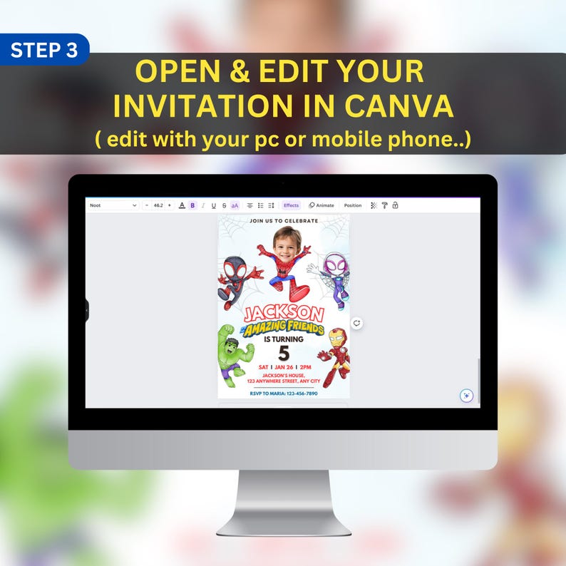 May include: A computer monitor displays a birthday invitation with superhero graphics. The invitation features the text "JACKSON AMAZING FRIENDS IS TURNING 5" and includes the phrase "OPEN & EDIT YOUR INVITATION IN CANVA".
