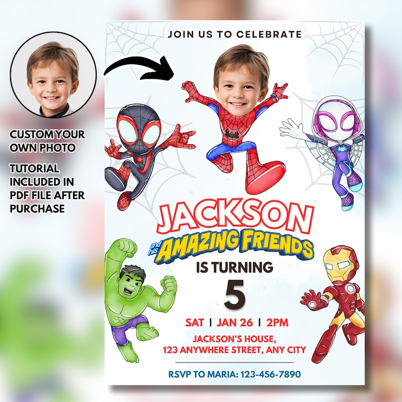 May include: A personalized birthday invitation featuring a child's photo as Spider-Man, surrounded by cartoon superheroes. The invitation includes the text "Jackson and his Amazing Friends is turning 5" with event details and RSVP information.