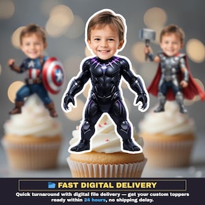 May include: Cupcake toppers featuring a child dressed as superheroes: Captain America, Black Panther, and Thor. The Black Panther topper is centered on a cupcake. The image includes the text "FAST DIGITAL DELIVERY".