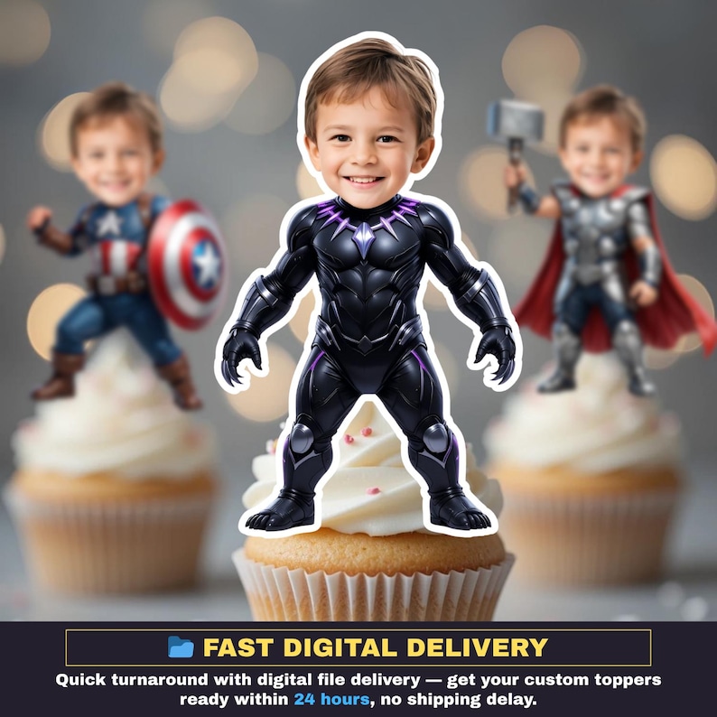 May include: Cupcake toppers featuring a child dressed as superheroes: Captain America, Black Panther, and Thor. The Black Panther topper is centered on a cupcake. The image includes the text "FAST DIGITAL DELIVERY".