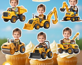 May include: Set of six construction-themed cupcake toppers featuring cartoon images of a child driving yellow construction vehicles. The toppers are placed on cupcakes with white frosting. Text on the banner reads "SET OF 6 CONSTRUCTION THEMED TOPPERS".