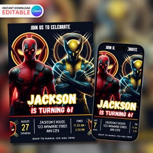 May include: A birthday invitation featuring Deadpool and Wolverine characters. The invitation is for Jackson's 6th birthday party. The text on the invitation reads "Join us to celebrate Jackson is turning 6!"  The party is on August 27th at 11:30 AM to 2:30 PM at Jackson's house. RSVP to Maria at 123-456-7890.