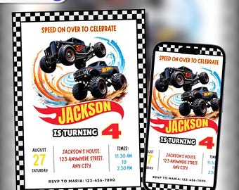 Hot Monster Truck Birthday Invitation: Wheels Racing Cars (Canva Template)