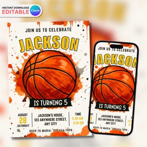 Editable Basketball Birthday Invitation, Basketball Birthday Invites, Instant Download Basketball Invitations, Printable Canva Template
