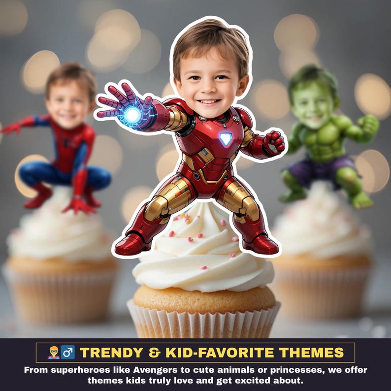 May include: Cupcakes topped with white frosting and superhero-themed cutouts of Iron Man, Spider-Man, and the Hulk. The image includes the text "TRENDY & KID-FAVORITE THEMES".