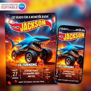 Może przedstawiać: Cyfrowe zaproszenie z niebieskim motywem monster trucka z rekinem. Zaproszenie zawiera imię "Jackson", liczbę "4" oraz szczegóły wydarzenia. Tło to ognista pomarańczowo-czerwona kolorystyka. Zaproszenie jest edytowalne.