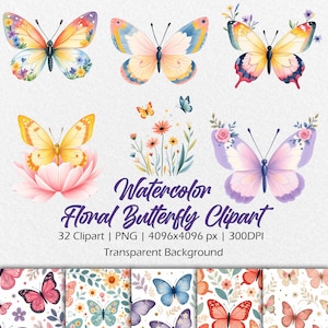 Clipart di farfalle floreali e set di carta digitale, 32 clipart di farfalle acquerellate, clipart di farfalle colorate primaverili, PNG di farfalle carine,