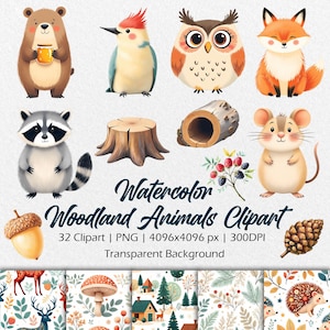 Watercolor Woodland Clipart & Digital Paper Set, Cute Woodland Animal Clipart, Forest Animals PNG, Nursery Clipart, Forest Clipart
