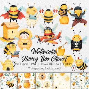 Aquarel honingbij clipart – handgeschilderde bij illustraties, schattige hommel png, honingraat en bloemsierkunst, digitale download