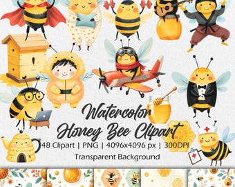 Watercolor Honey Bee Clipart – Hand Painted Bee Illustrations, Cute Bumblebee PNG, Honeycomb & Floral Bee Art, Digital Download