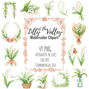 Watercolor Lily of the Valley Clipart – Hand Painted Floral PNG, Spring Flowers Illustration, Botanical Digital Art, Wedding Clipart