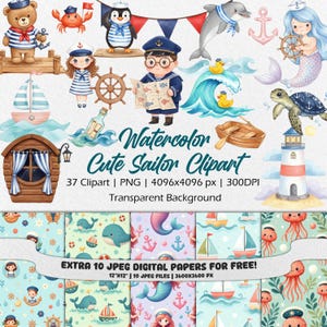 Aquarell Sailor Clipart - Handgemalte nautische Illustrationen, Süßer Sailor PNG, Ozean Abenteuer Grafiken, Marine Digital Art Set