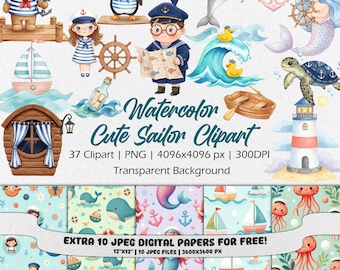 Watercolor Sailor Clipart – Hand Painted Nautical Illustrations, Cute Sailor PNG, Ocean Adventure Graphics, Marine Digital Art Set