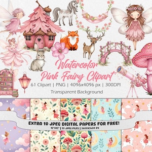 Clipart aquarelle fée rose, clipart jardin féerique, petite fée mignonne png, clipart anniversaire, scrapbooking fée magique, fête de la chambre d'enfant