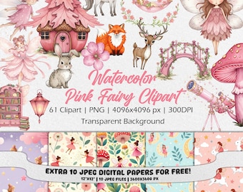 Watercolor Pink Fairy Clipart, Fairy Garden Clip art, Cute Little Fairy png, birthday clipart, magical fairy scrapbooking, nursery party