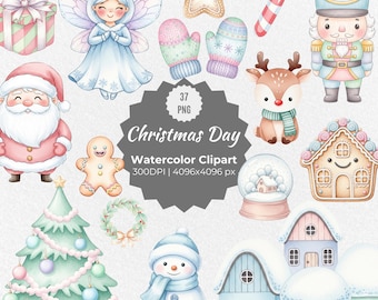 Watercolor Christmas Day Clipart Set, Hand-Painted Holiday Illustrations PNG, Winter Xmas Decorations Digital Download