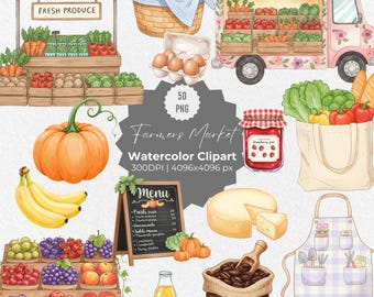 Watercolor Farmers Market Clipart – Hand Painted Fresh Produce PNG, Organic Food Illustrations, Rustic Farm Stand Graphics, Digital Art