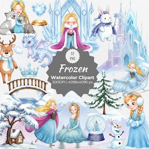 Akwarela Frozen Clipart, Lodowa Księżniczka PNG, Malowana Ręcznie Zimowa Królowa Sztuka, Ilustracje Tematyczne Frozen, Cyfrowa Śnieżna Księżniczka Pobierz