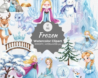 Watercolor Frozen Clipart, Ice Princess PNG, Hand-Painted Winter Queen Art, Frozen Themed Illustrations, Digital Snow Princess Download