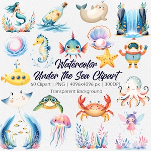Aquarell unter dem Meer Clipart - Meerestiere PNG, handgemalte Meerestiere Illustration, nautische digitale Kunst, 60 PNG