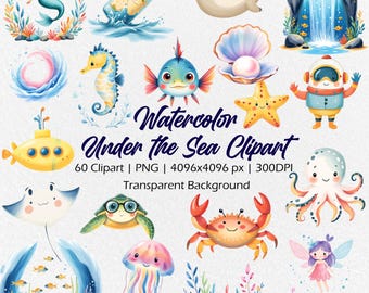 Watercolor Under the Sea Clipart – Ocean Animals PNG, Hand Painted Marine Life, Sea Creatures Illustration, Nautical Digital Art, 60 PNG